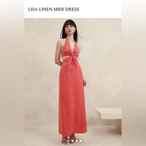 Banana Republic Lisa Linen Midi Dress Coral Halter Cutout Size S/P